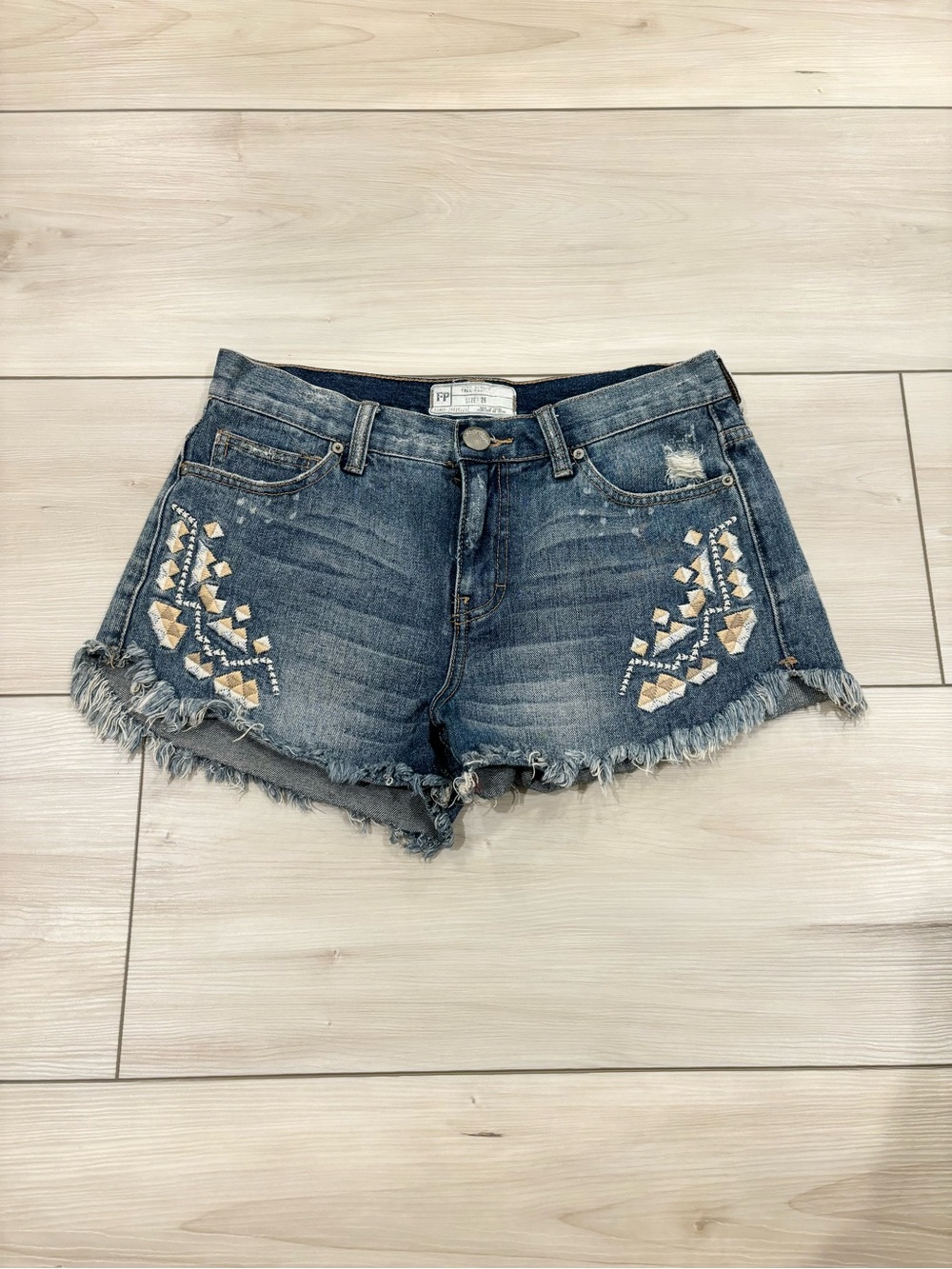 Free People Y2K High Rise Women’s Distressed Embroidered Denim Shorts - Blue 26”